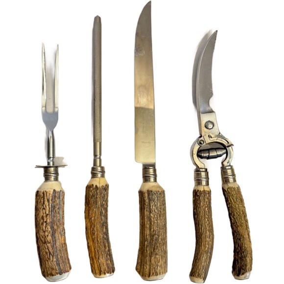 Vintage Stag Antler Handle Stainless Steel 4 Piece Carving Set Sheers Knife Fork